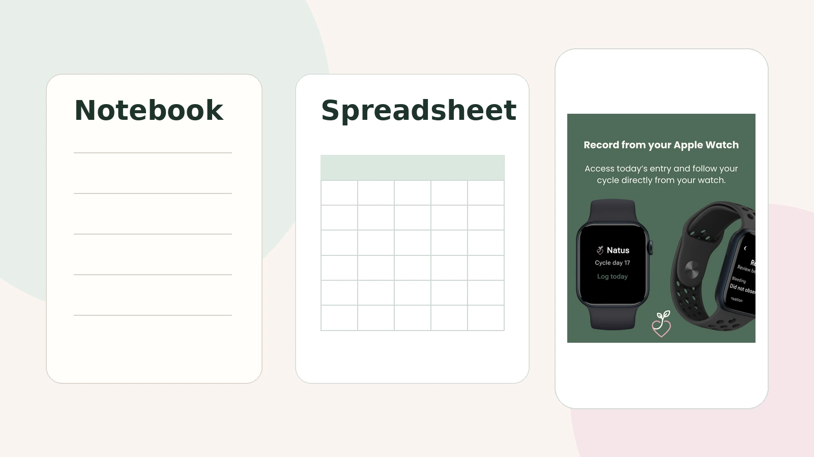 Notebook, spreadsheet on a laptop and the Natus app representing different ways to organise cycle records