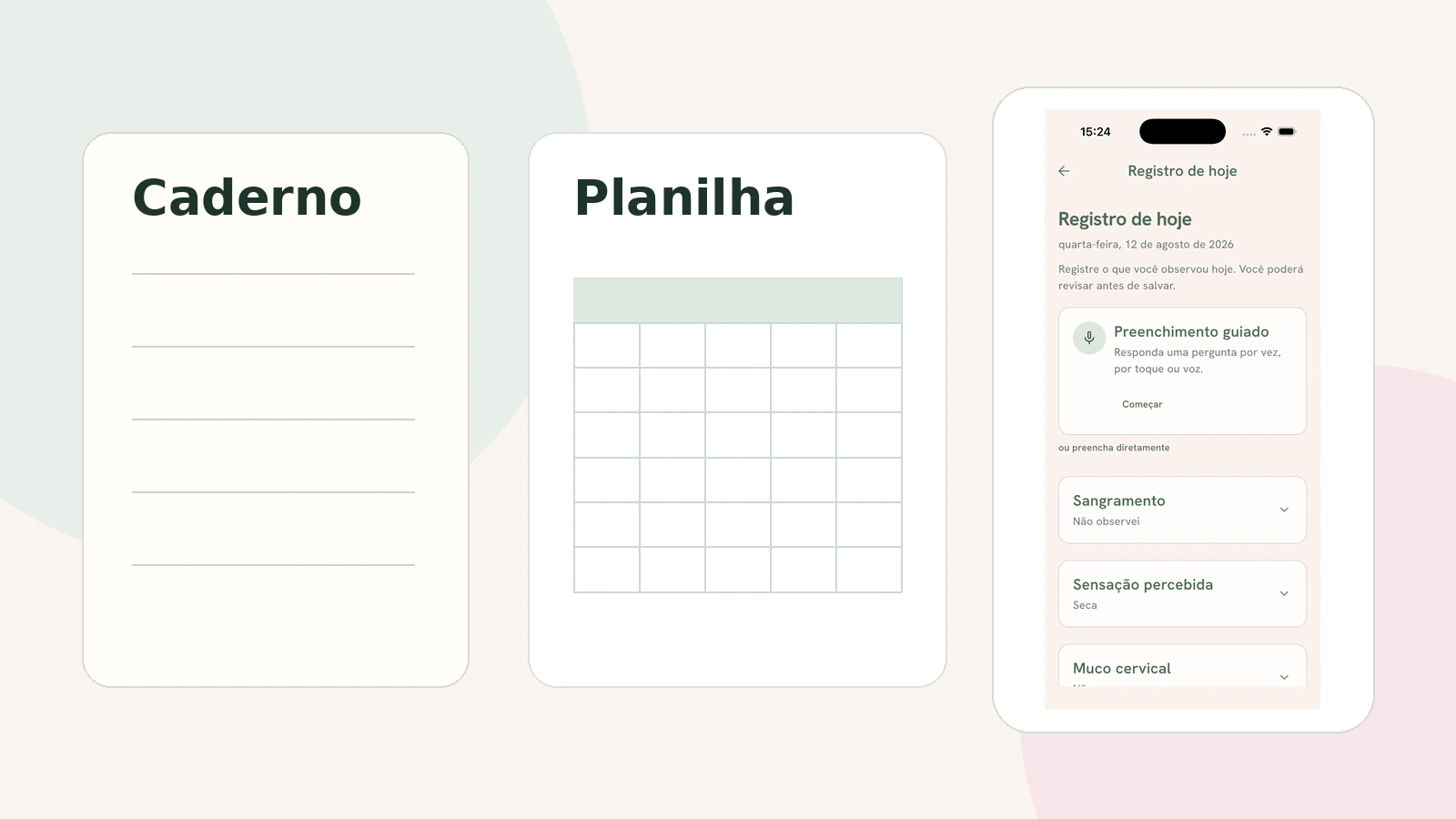 Caderno, planilha em notebook e aplicativo Natus representando diferentes formas de organizar registros do ciclo